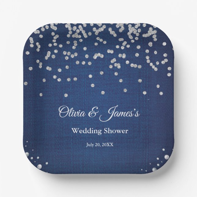Blue Denim Diamonds Pearls Couple's Wedding Shower Paper Plate (Front)