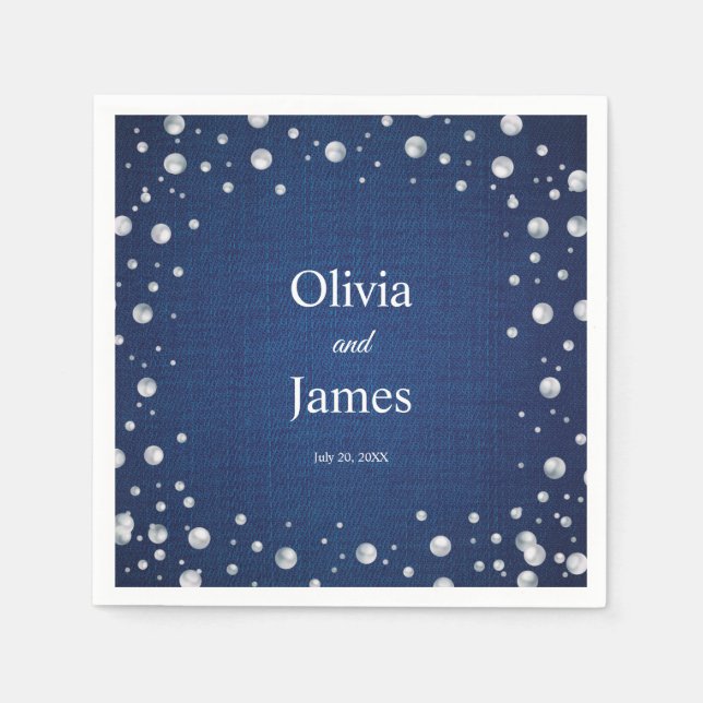 Blue Denim Diamonds Pearls Wedding Couple's Shower Napkin (Front)