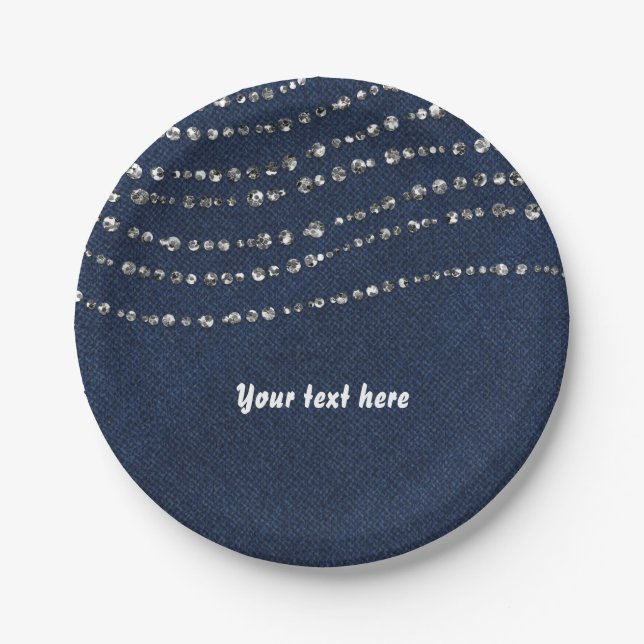Blue Denim & Diamonds Sparkle Bling Birthday Party Paper Plate (Front)