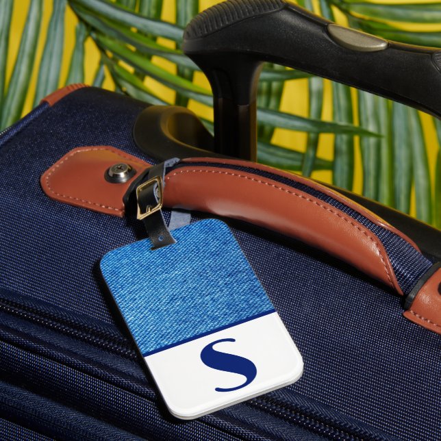 Blue Denim Fabric, Colour Block Luggage Tag (Front Insitu 1)