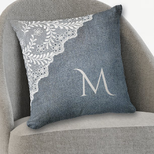 Blue Denim Faux White Lace Corner Monogram Throw Pillow