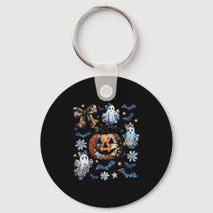 Blue Denim Floral Patchwork Pumpkin Ghost Coquette Keychain