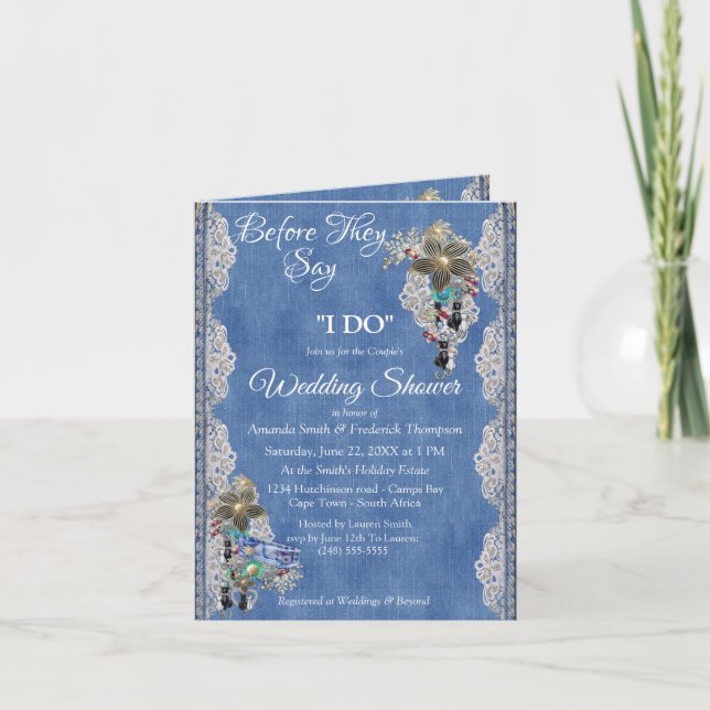 Blue Denim,flowering lace and Costume Jewellery Invitation (Front)
