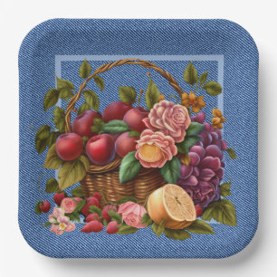 Blue Denim Fruit And Flowers Paper Plate