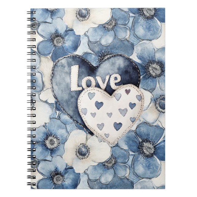 Blue Denim Hearts Flowers Love Notebook (Front)