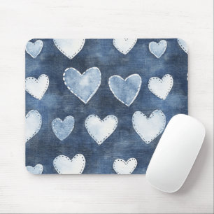 Blue Denim Hearts Mouse Pad