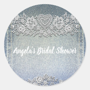 Blue Denim Jean & White Heart Lace Bridal Shower Classic Round Sticker