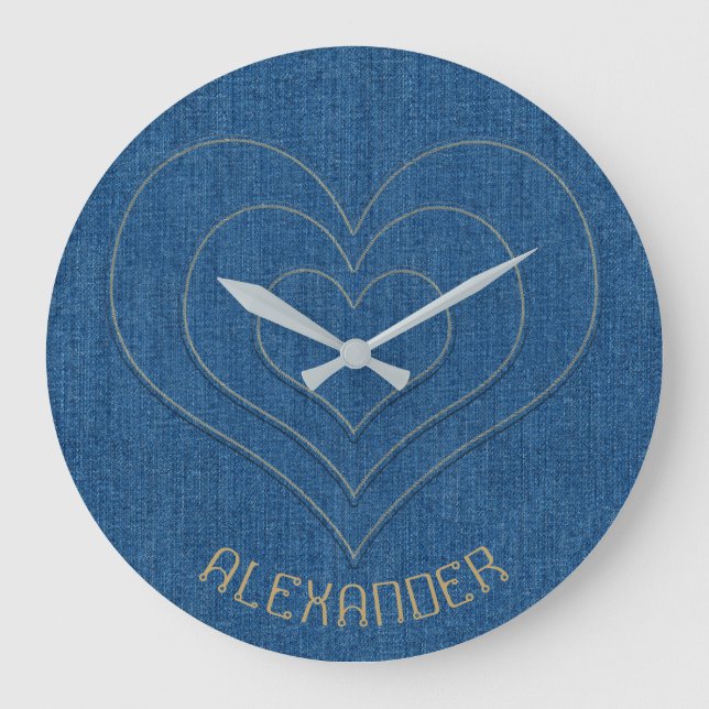 Blue Denim Jeans Fabric 3 Hearts Name Personalized Large Clock (Front)
