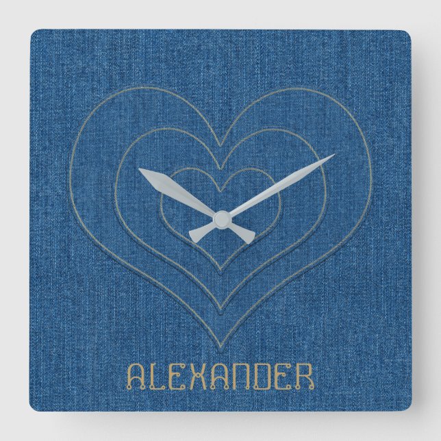Blue Denim Jeans Fabric 3 Hearts Personalized Name Square Wall Clock (Front)