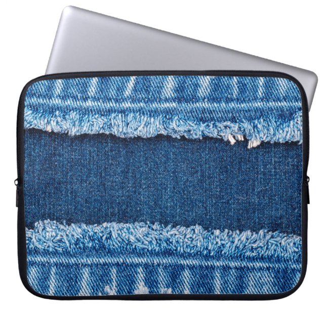 Blue denim jeans fabric texture laptop sleeve (Front)