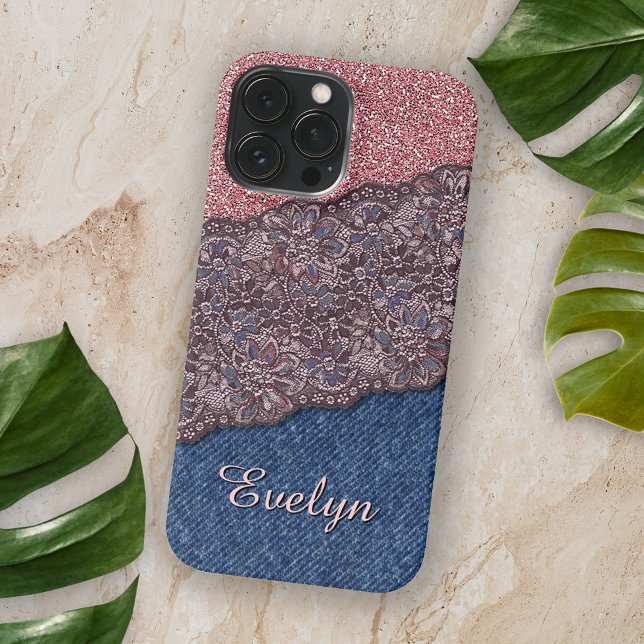 Blue Denim Jeans Rose Gold Pink Glitter Pattern Case-Mate iPhone Case (Creator Uploaded)