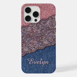 Blue Denim Jeans Rose Gold Pink Glitter Pattern iPhone 15 Pro Max Case