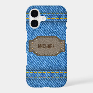 Blue denim jeans with leather name label