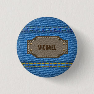 Blue denim jeans with leather name label 1 inch round button