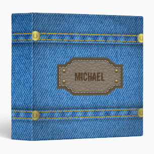 Blue denim jeans with leather name label binder