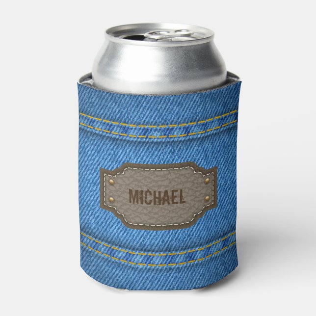 Blue denim jeans with leather name label can cooler (Can Front)