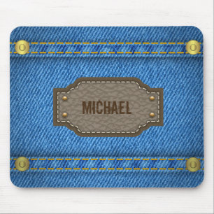 Blue denim jeans with leather name label mouse pad