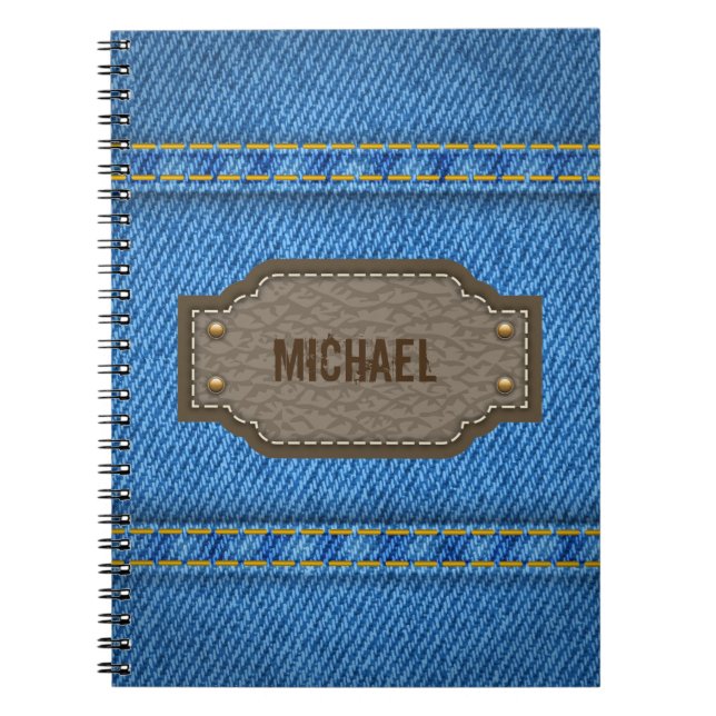 Blue denim jeans with leather name label notebook (Front)