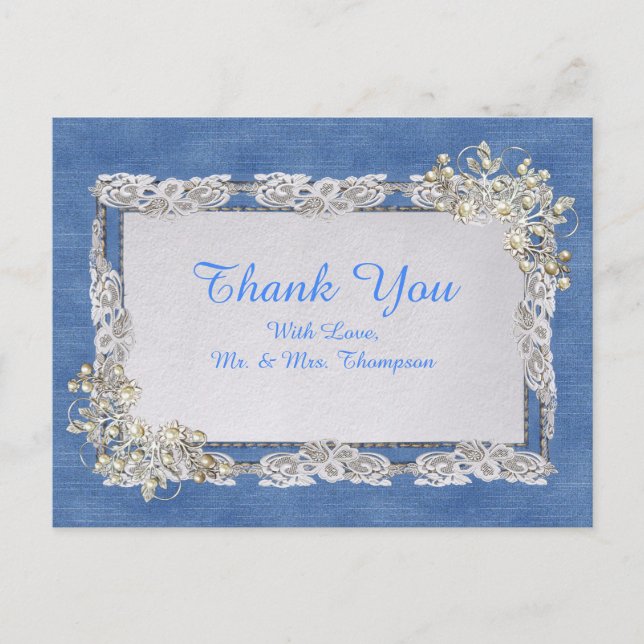 Blue Denim, lace and Ivory Pearls Announcement Postcard (Front)