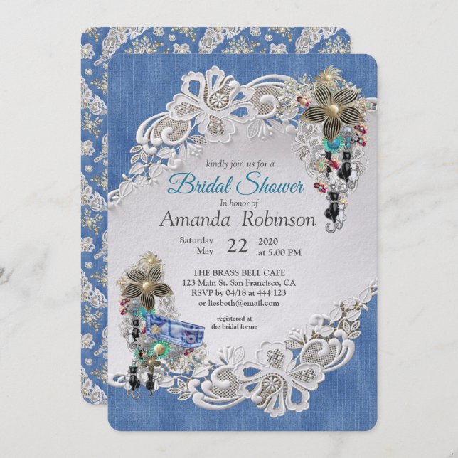 Blue Denim, lace - Costume Jewellery Invitation (Front/Back)