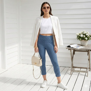 Blue Denim-Look Floral Border Capri Leggings