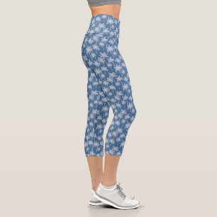Blue Denim Palm Fronds Slimming Capri  Leggings