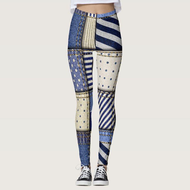 Blue Denim Patchwork Leggings (Front)