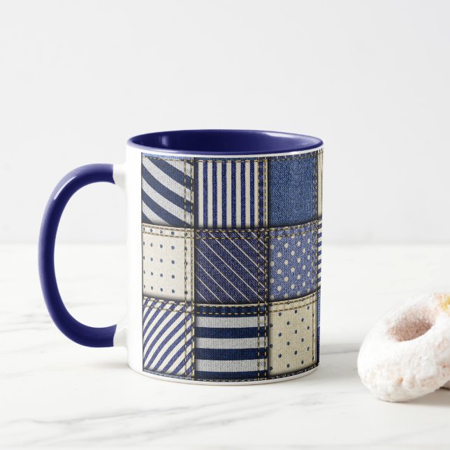 Blue Denim Patchwork Mug (With Donut)