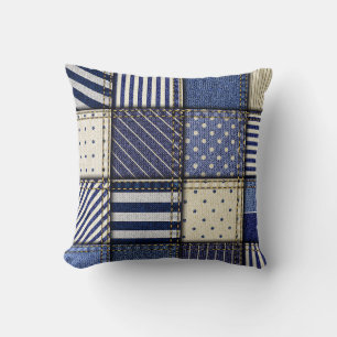 Blue Denim Patchwork Throw Pillow