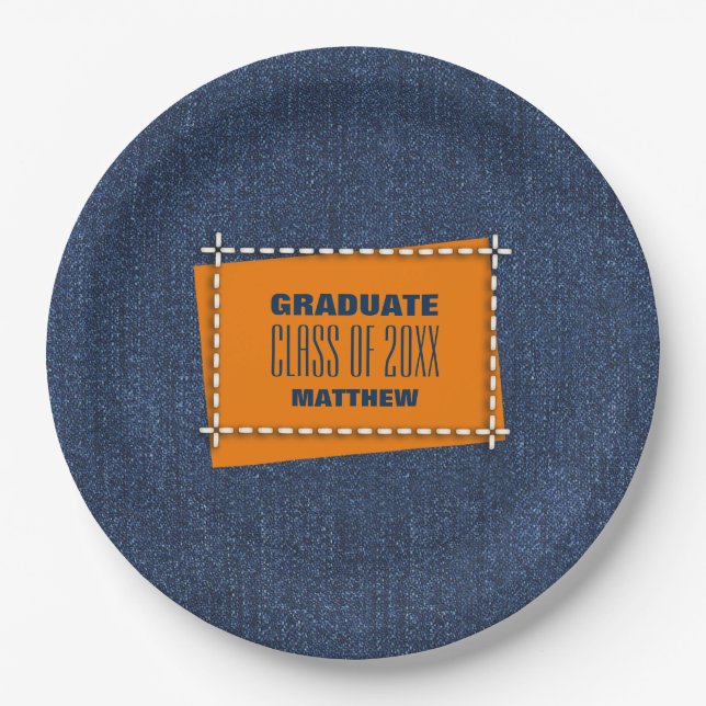 Blue Denim Pattern Graduation Party  Paper Plate (Front)