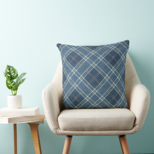 Blue Denim Plaid and Striped Pattern Throw Pillow