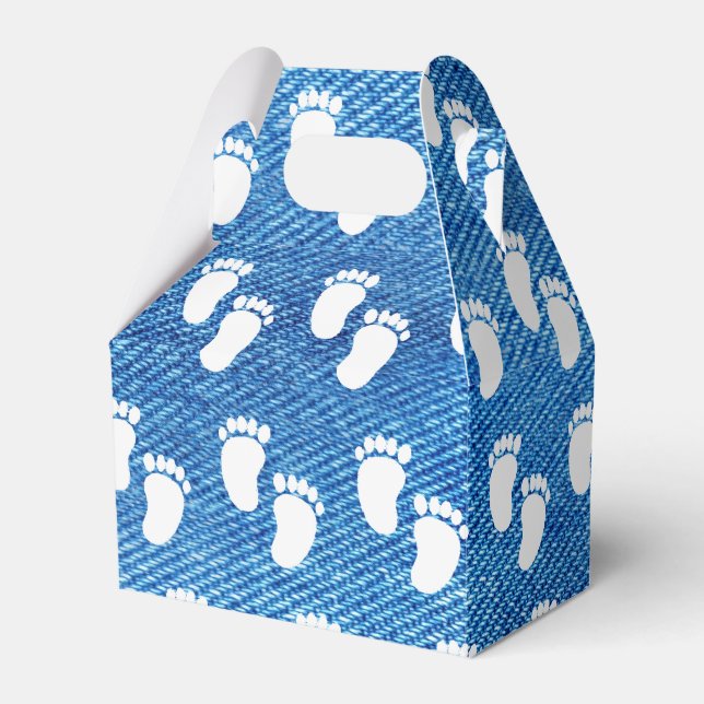 Blue Denim Print Baby Shower Footprint Pattern Favor Box (Front Side)