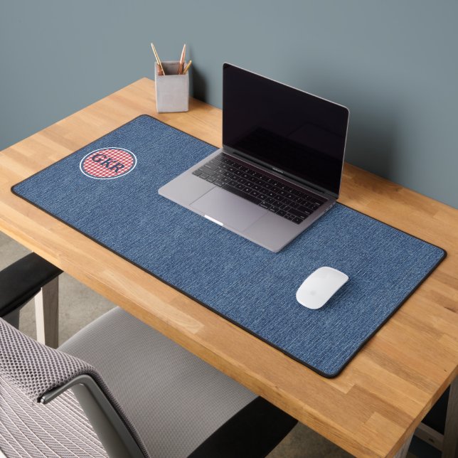 Blue Denim Print Monogram Red & White Check Desk Mat (Office 2)