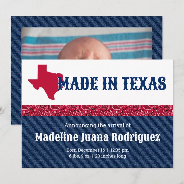 Blue Denim & Red Bandana Print Texas Baby Announcement (Front/Back)