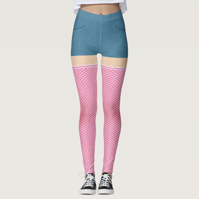 Blue Denim Shorts With Hot Pink Fishnets Leggings (Front)