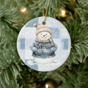Blue Denim Snowman Christmas Ceramic Ornament
