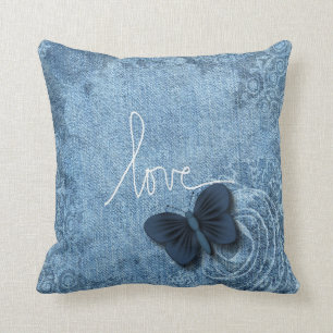 Blue Denim Sweet Butterfly Love Throw Pillow