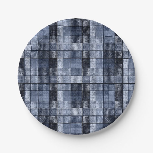 Blue, denim, tartan, plaid . paper plate (Front)