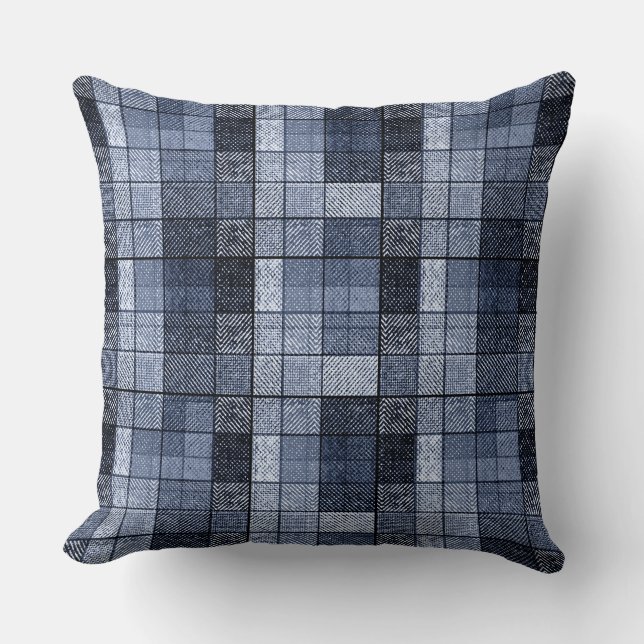 Blue, denim, tartan, plaid . throw pillow (Front)