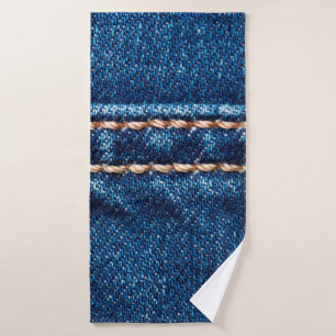 Blue denim texture with stitch line closeup, Jeans Bath Towel