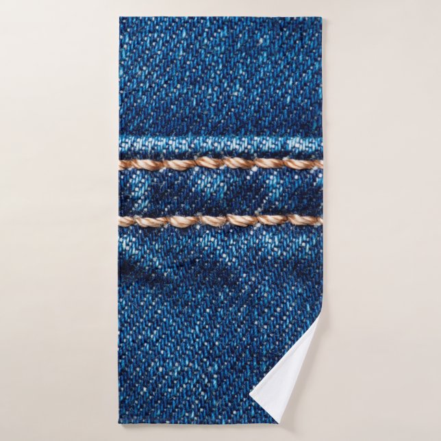 Blue denim texture with stitch line closeup, Jeans Bath Towel (Bath Towel)