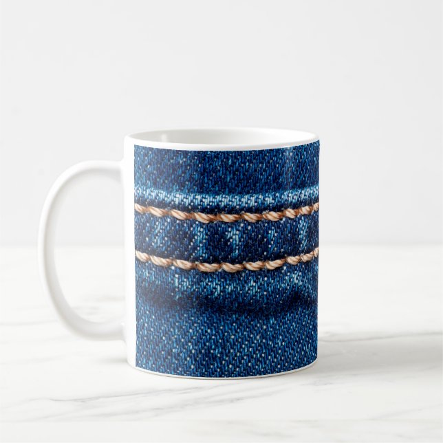 Blue denim texture with stitch line closeup, Jeans Coffee Mug (Left)