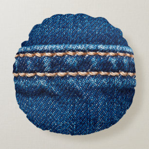 Blue denim texture with stitch line closeup, Jeans Round Pillow