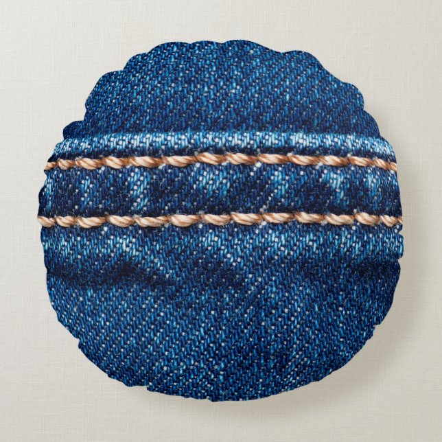 Blue denim texture with stitch line closeup, Jeans Round Pillow (Front)