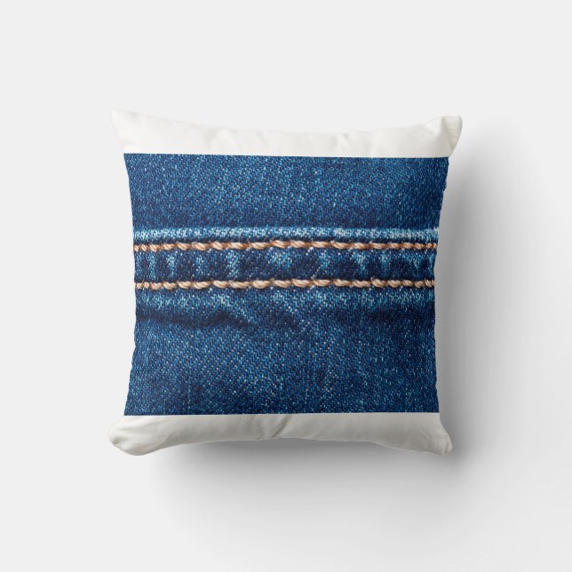 Blue denim texture with stitch line closeup, Jeans Throw Pillow (Front)