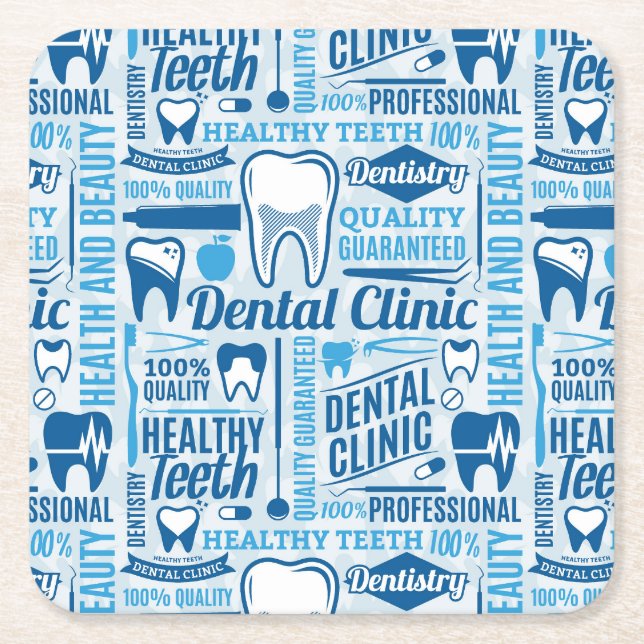 Blue Dental Clinic Pattern Square Paper Coaster (Front)