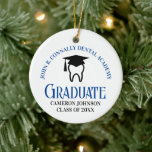 Blue Dental School Graduate Keepsake Christmas Ceramic Ornament<br><div class="desc">This custom blue dental school graduation keepsake Christmas ornament features a tooth wearing a graduation cap for a class of 2025 dentistry graduate. Customize with your graduating year for a great personalized dental hygienist,  orthodontist,  or dentist graduation gift.</div>
