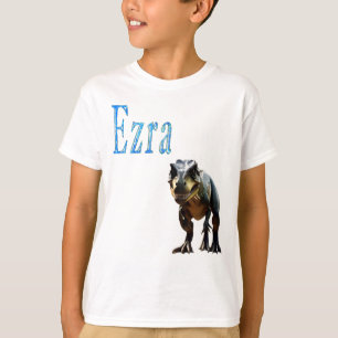 Blue Designed Ezra Name With Trex Dinosaur, T-Shirt