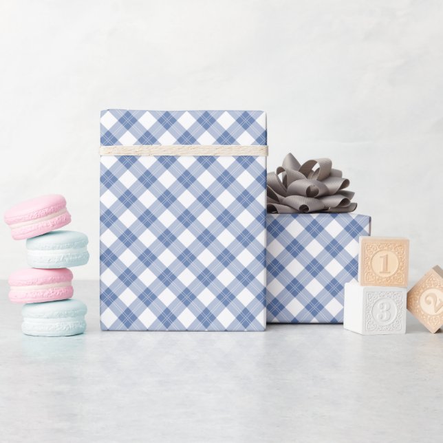 Blue Diagonal Check Pattern Wrapping Paper Roll (Baby Shower)