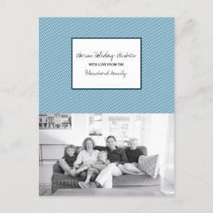 Blue Diagonal Festive Stripes Holiday Photo Postcard